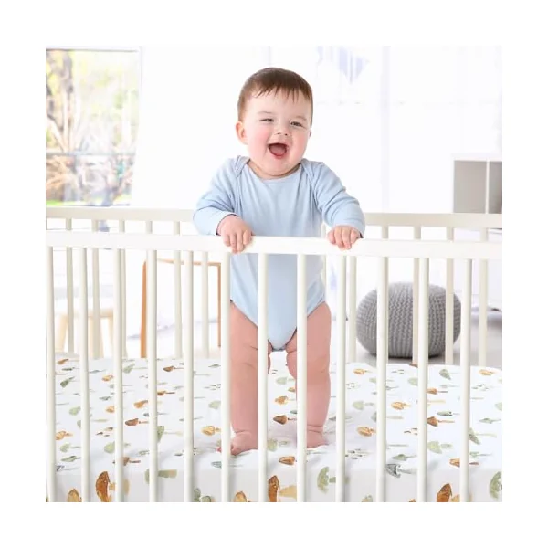LifeTree Crib Sheets for Baby, Muslin Fitted Crib Sheets Neutral Boys Girls - Toddler Bed Sheet Fits Standard Crib, 70% Viscose from Bamboo and 30% Cotton, Mushroom Pattern, 28in x 52in 