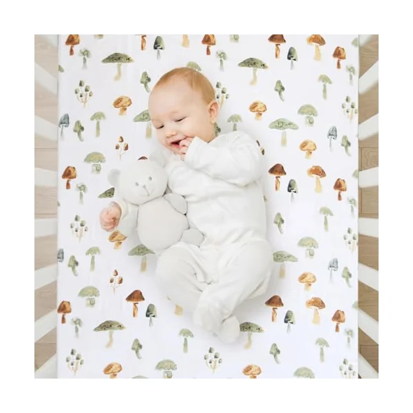 LifeTree Crib Sheets for Baby, Muslin Fitted Crib Sheets Neutral Boys Girls - Toddler Bed Sheet Fits Standard Crib, 70% Viscose from Bamboo and 30% Cotton, Mushroom Pattern, 28in x 52in 
