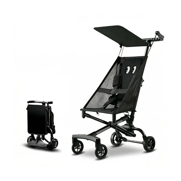 Lightweight Airplane Stroller, 2.8kg Instant Fold & Unfold Portable Pushchair, Cabin-Sized Compact Baby Stroller with Removable Cartoon Pad for Travel (0-4 Years), 4 Colors black2