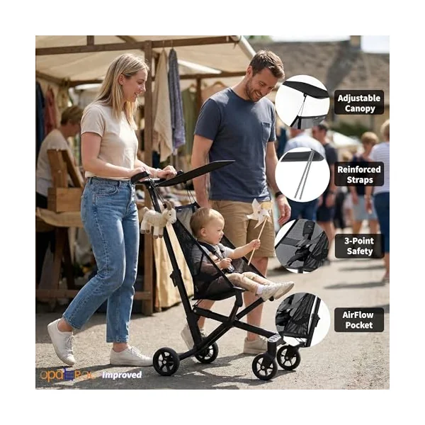 Lightweight Airplane Stroller, 2.8kg Instant Fold & Unfold Portable Pushchair, Cabin-Sized Compact Baby Stroller with Removable Cartoon Pad for Travel (0-4 Years), 4 Colors black2