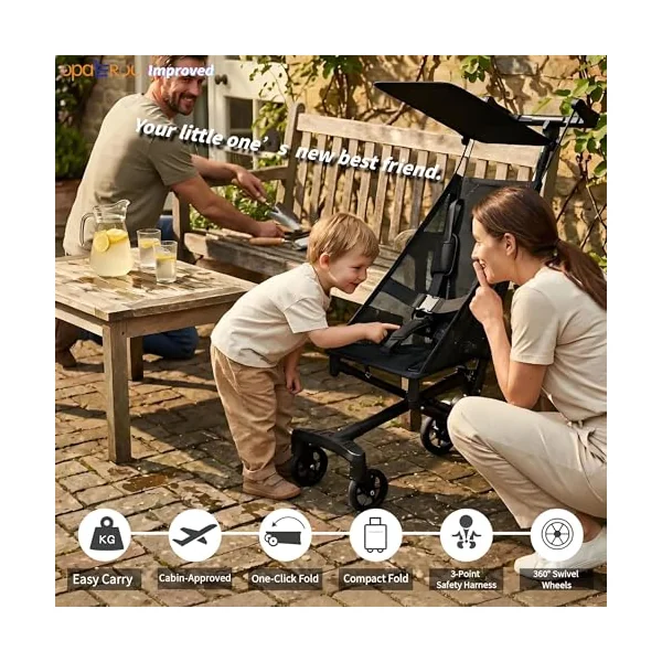 Lightweight Airplane Stroller, 2.8kg Instant Fold & Unfold Portable Pushchair, Cabin-Sized Compact Baby Stroller with Removable Cartoon Pad for Travel (0-4 Years), 4 Colors black2