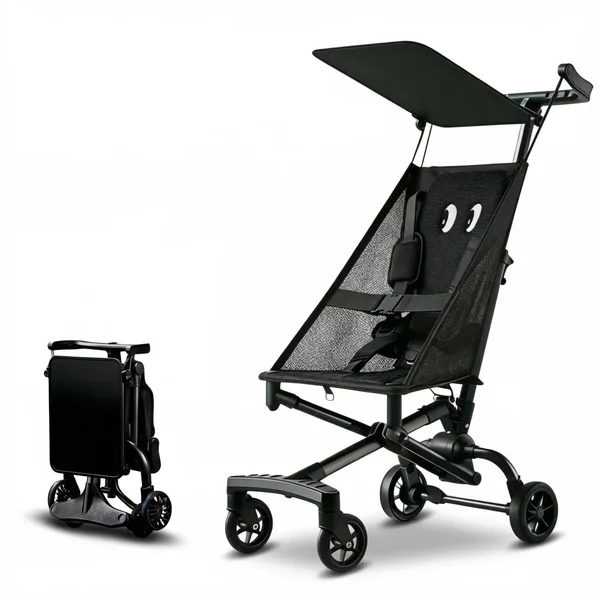 Lightweight Airplane Stroller, 2.8kg Instant Fold & Unfold Portable Pushchair, Cabin-Sized Compact Baby Stroller with Removable Cartoon Pad for Travel (0-4 Years), 4 Colors black2