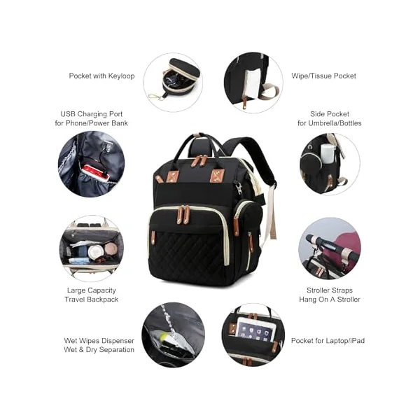 Lightweight Baby Changing Bag Unisex Backpack Nappy Bags Diaper Travel Bag for Mom and Dad | Pacifier Holder | Stroller/Pram Straps | USB Port (Black
