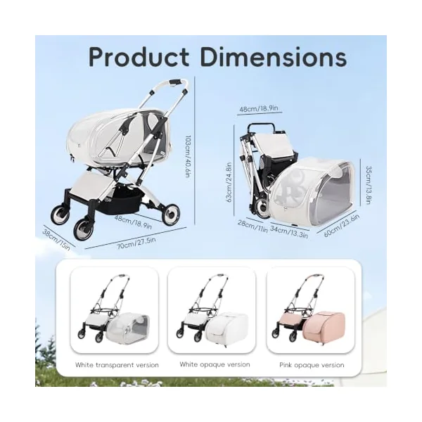 Lightweight Pet Stroller with Visible Window & 3-Side Breathable Mesh, Aluminum Alloy Frame, For Walking and Spending Time with Your Cat or Small Dog up to 15kg white