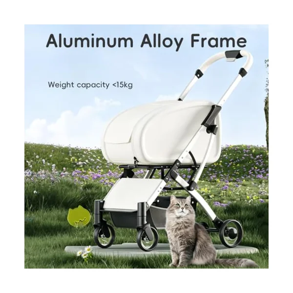 Lightweight Pet Stroller with Visible Window & 3-Side Breathable Mesh, Aluminum Alloy Frame, For Walking and Spending Time with Your Cat or Small Dog up to 15kg white