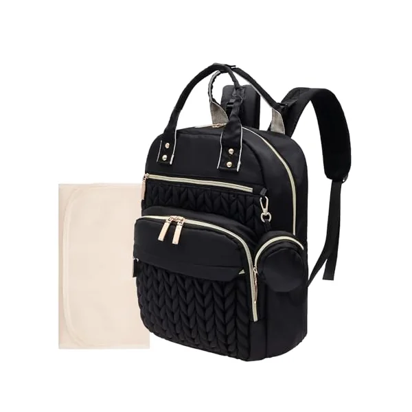 Lightweight Quilted Baby Changing Bag, Stylish Nappy Backpack for Mums and Dads, 18L Maternity Rucksack with Portable Changing Mat, 15.6" Laptop Compartment & Stroller Straps(Black)