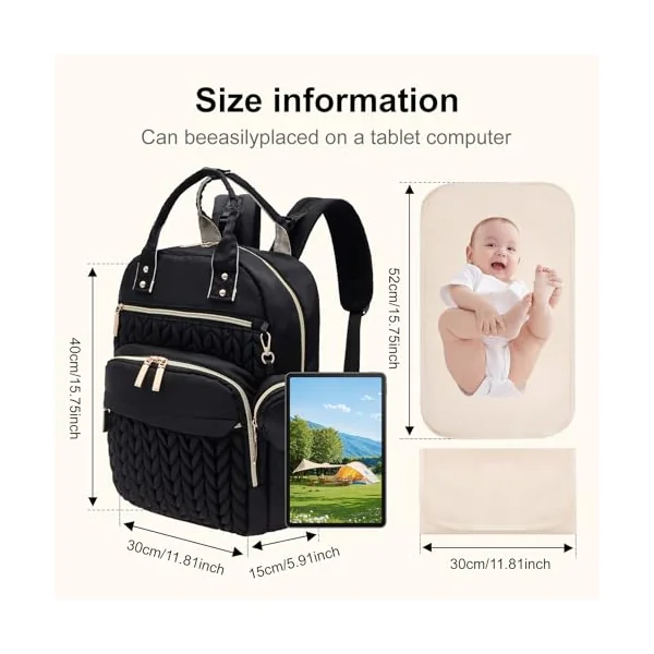 Lightweight Quilted Baby Changing Bag, Stylish Nappy Backpack for Mums and Dads, 18L Maternity Rucksack with Portable Changing Mat, 15.6" Laptop Compartment & Stroller Straps(Black)