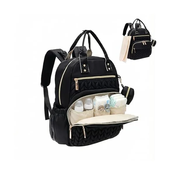 Lightweight Quilted Baby Changing Bag, Stylish Nappy Backpack for Mums and Dads, 18L Maternity Rucksack with Portable Changing Mat, 15.6" Laptop Compartment & Stroller Straps(Black)