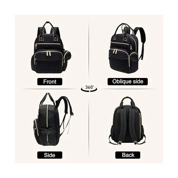 Lightweight Quilted Baby Changing Bag, Stylish Nappy Backpack for Mums and Dads, 18L Maternity Rucksack with Portable Changing Mat, 15.6" Laptop Compartment & Stroller Straps(Black)