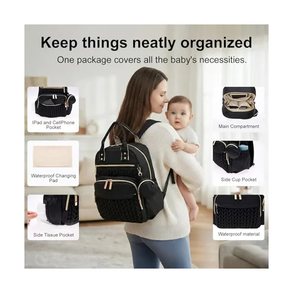 Lightweight Quilted Baby Changing Bag, Stylish Nappy Backpack for Mums and Dads, 18L Maternity Rucksack with Portable Changing Mat, 15.6" Laptop Compartment & Stroller Straps(Black)