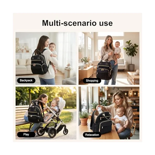 Lightweight Quilted Baby Changing Bag, Stylish Nappy Backpack for Mums and Dads, 18L Maternity Rucksack with Portable Changing Mat, 15.6" Laptop Compartment & Stroller Straps(Black)