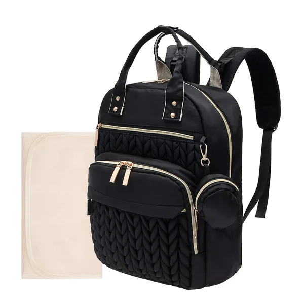 Lightweight Quilted Baby Changing Bag, Stylish Nappy Backpack for Mums and Dads, 18L Maternity Rucksack with Portable Changing Mat, 15.6" Laptop Compartment & Stroller Straps(Black)