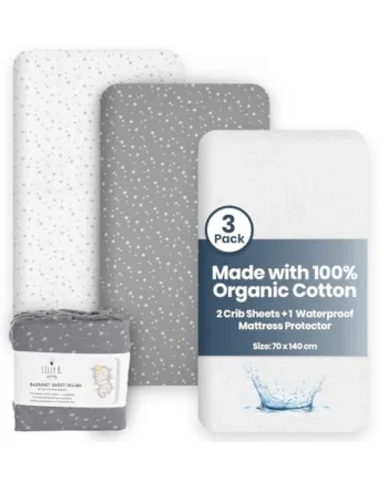 Lilly B. Organic Set of 2 Cot Bed Sheets 140 x 70 Fitted + 1 Waterproof Mattress Protector 100% Organic Cotton Jersey Sheets for Toddlers & Babies, Unisex Patterns, Stars