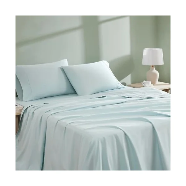 Linen Closet Organic Cotton Aqua Queen Bedding Sheet Set 4 Piece Set | Brushed for Softness, Percale Weave, 100% Organic Cotton, Deep Pocket Fitted Sheet, Breathable, Cooling, Crisp, Soft & Cozy