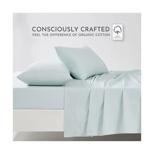 Linen Closet Organic Cotton Aqua Queen Bedding Sheet Set 4 Piece Set | Brushed for Softness, Percale Weave, 100% Organic Cotton, Deep Pocket Fitted Sheet, Breathable, Cooling, Crisp, Soft & Cozy