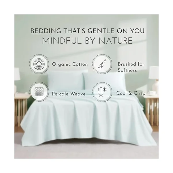 Linen Closet Organic Cotton Aqua Queen Bedding Sheet Set 4 Piece Set | Brushed for Softness, Percale Weave, 100% Organic Cotton, Deep Pocket Fitted Sheet, Breathable, Cooling, Crisp, Soft & Cozy