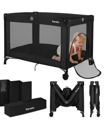 lionelo Amelie 2-in-1 Travel Cot and Playpen from Birth to 15 kg | Lightweight and Foldable, 100 x 70 cm, with Mattress, Side Zip Entry, Mesh Sides, 2 Wheels and Travel Bag
