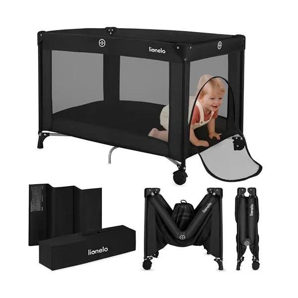 lionelo Amelie 2-in-1 Travel Cot and Playpen from Birth to 15 kg | Lightweight and Foldable, 100 x 70 cm, with Mattress, Side Zip Entry, Mesh Sides, 2 Wheels and Travel Bag