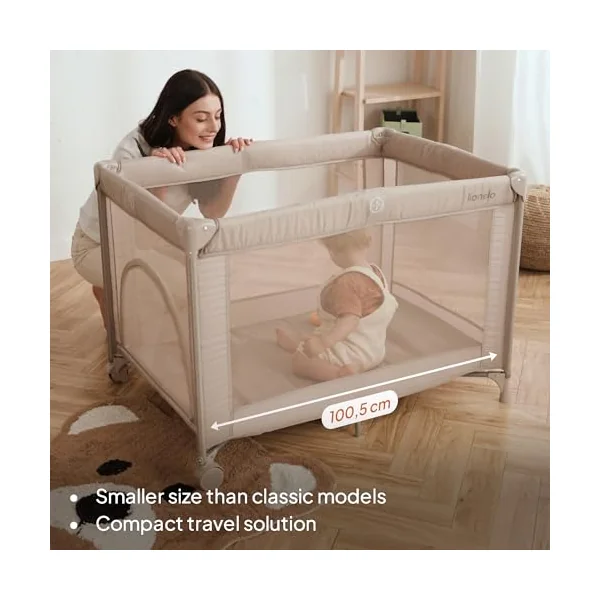 lionelo Amelie 2-in-1 Travel Cot and Playpen from Birth to 15 kg | Lightweight and Foldable, 100 x 70 cm, with Mattress, Side Zip Entry, Mesh Sides, 2 Wheels and Travel Bag