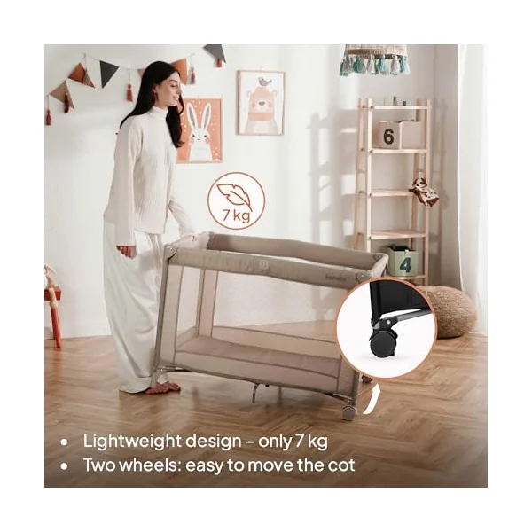 lionelo Amelie 2-in-1 Travel Cot and Playpen from Birth to 15 kg | Lightweight and Foldable, 100 x 70 cm, with Mattress, Side Zip Entry, Mesh Sides, 2 Wheels and Travel Bag