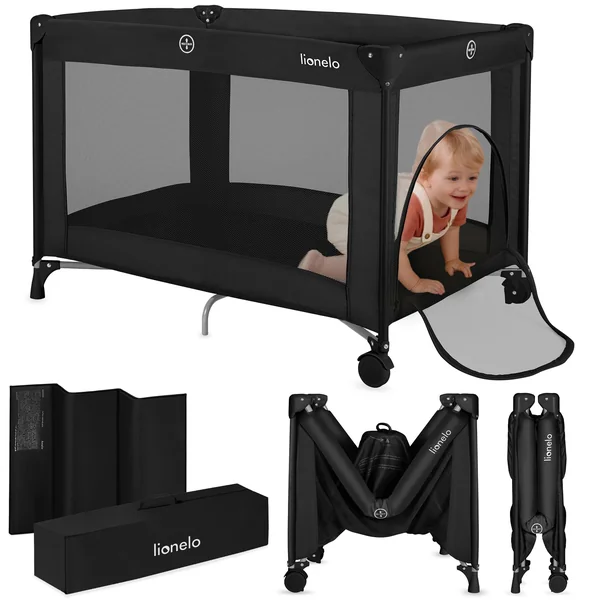 lionelo Amelie 2-in-1 Travel Cot and Playpen from Birth to 15 kg | Lightweight and Foldable, 100 x 70 cm, with Mattress, Side Zip Entry, Mesh Sides, 2 Wheels and Travel Bag