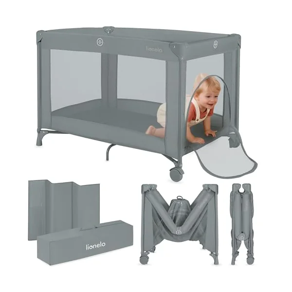 lionelo Amelie 2-in-1 Travel Cot and Playpen from Birth to 15 kg | Lightweight and Foldable, 100 x 70 cm, with Mattress, Side Zip Entry, Mesh Sides, 2 Wheels and Travel Bag