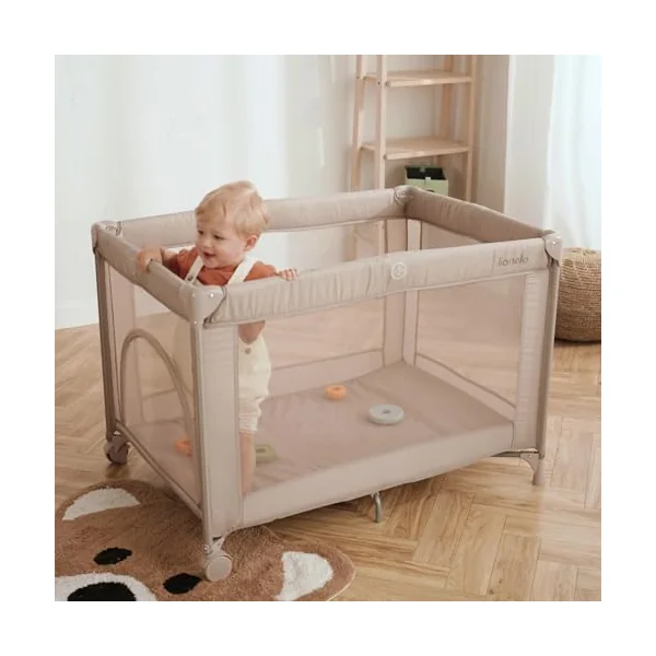 lionelo Amelie 2-in-1 Travel Cot and Playpen from Birth to 15 kg | Lightweight and Foldable, 100 x 70 cm, with Mattress, Side Zip Entry, Mesh Sides, 2 Wheels and Travel Bag