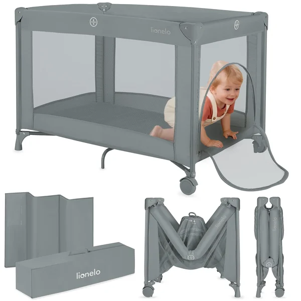 lionelo Amelie 2-in-1 Travel Cot and Playpen from Birth to 15 kg | Lightweight and Foldable, 100 x 70 cm, with Mattress, Side Zip Entry, Mesh Sides, 2 Wheels and Travel Bag