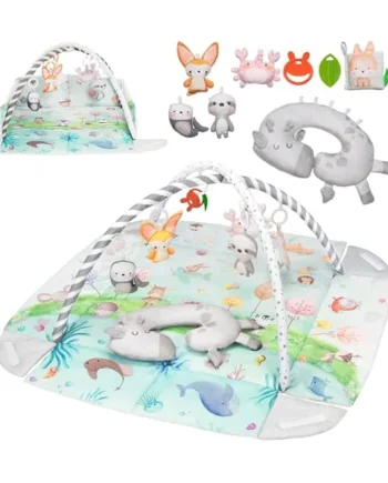LIONELO Anika Bamboo Baby Play Mat and Activity Gym from Birth | 8 Detachable Toys, Play Arch and Tummy Time Pillow for Sensory Development, Motor Skills and Everyday Play