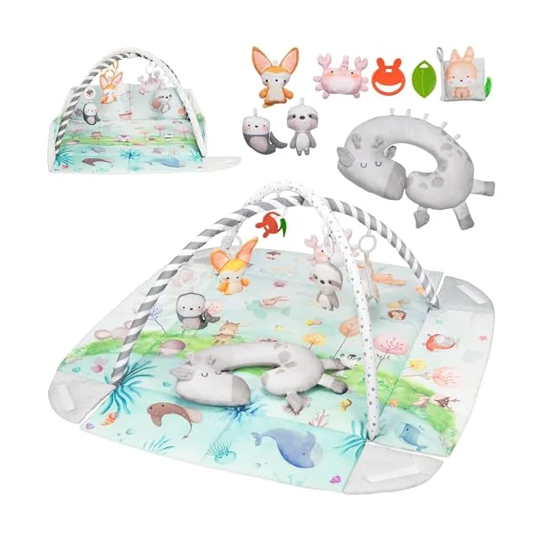 LIONELO Anika Bamboo Baby Play Mat and Activity Gym from Birth | 8 Detachable Toys, Play Arch and Tummy Time Pillow for Sensory Development, Motor Skills and Everyday Play