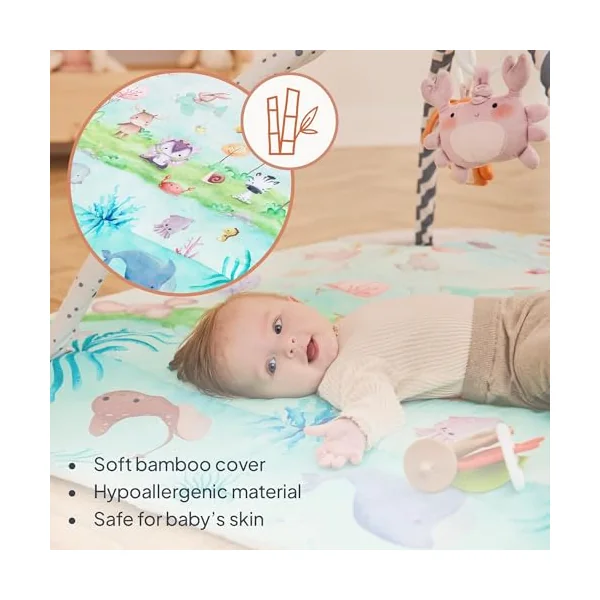 LIONELO Anika Bamboo Baby Play Mat and Activity Gym from Birth | 8 Detachable Toys, Play Arch and Tummy Time Pillow for Sensory Development, Motor Skills and Everyday Play