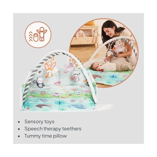 LIONELO Anika Bamboo Baby Play Mat and Activity Gym from Birth | 8 Detachable Toys, Play Arch and Tummy Time Pillow for Sensory Development, Motor Skills and Everyday Play