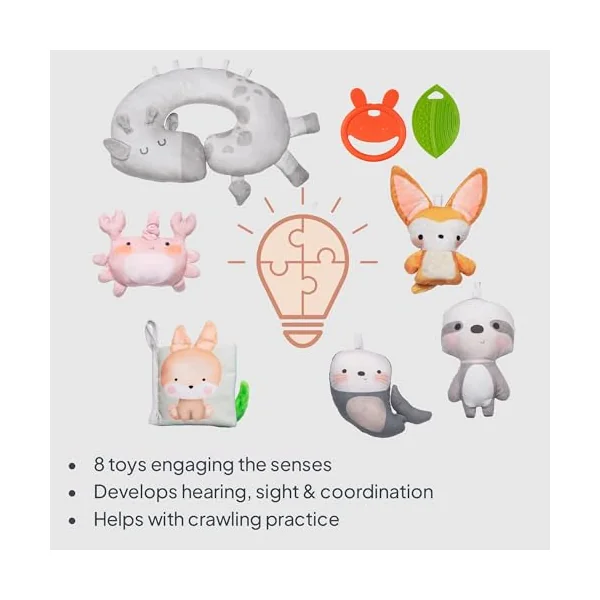 LIONELO Anika Bamboo Baby Play Mat and Activity Gym from Birth | 8 Detachable Toys, Play Arch and Tummy Time Pillow for Sensory Development, Motor Skills and Everyday Play