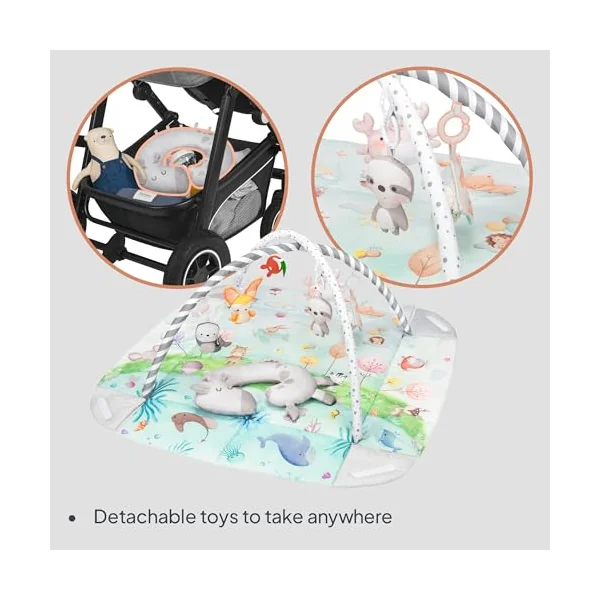 LIONELO Anika Bamboo Baby Play Mat and Activity Gym from Birth | 8 Detachable Toys, Play Arch and Tummy Time Pillow for Sensory Development, Motor Skills and Everyday Play