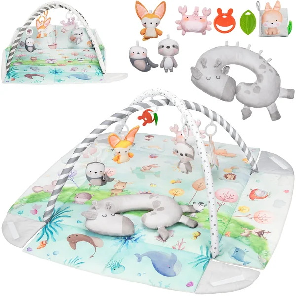 LIONELO Anika Bamboo Baby Play Mat and Activity Gym from Birth | 8 Detachable Toys, Play Arch and Tummy Time Pillow for Sensory Development, Motor Skills and Everyday Play