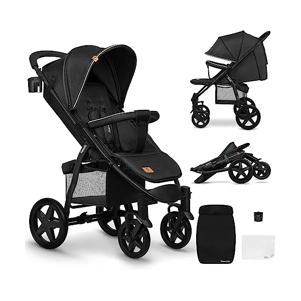 LIONELO Annet Plus Foldable Pushchair from Birth up to 22 kg | Lie-Flat Recline, EVA Foam Wheels, XXL Canopy, Mosquito Net, Footmuff, Cup Holder and Shopping Basket