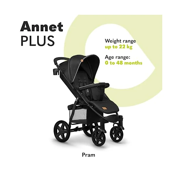 LIONELO Annet Plus Foldable Pushchair from Birth up to 22 kg | Lie-Flat Recline, EVA Foam Wheels, XXL Canopy, Mosquito Net, Footmuff, Cup Holder and Shopping Basket