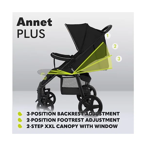 LIONELO Annet Plus Foldable Pushchair from Birth up to 22 kg | Lie-Flat Recline, EVA Foam Wheels, XXL Canopy, Mosquito Net, Footmuff, Cup Holder and Shopping Basket