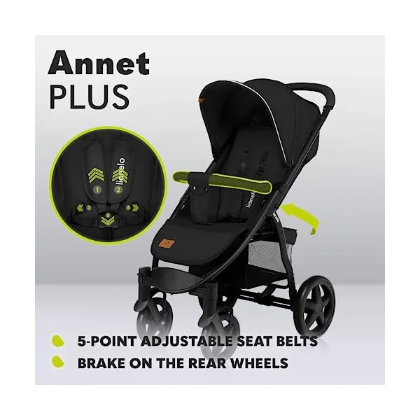 LIONELO Annet Plus Foldable Pushchair from Birth up to 22 kg | Lie-Flat Recline, EVA Foam Wheels, XXL Canopy, Mosquito Net, Footmuff, Cup Holder and Shopping Basket