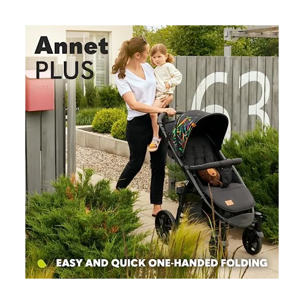 LIONELO Annet Plus Foldable Pushchair from Birth up to 22 kg | Lie-Flat Recline, EVA Foam Wheels, XXL Canopy, Mosquito Net, Footmuff, Cup Holder and Shopping Basket