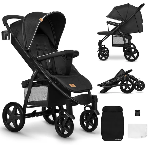 LIONELO Annet Plus Foldable Pushchair from Birth up to 22 kg | Lie-Flat Recline, EVA Foam Wheels, XXL Canopy, Mosquito Net, Footmuff, Cup Holder and Shopping Basket