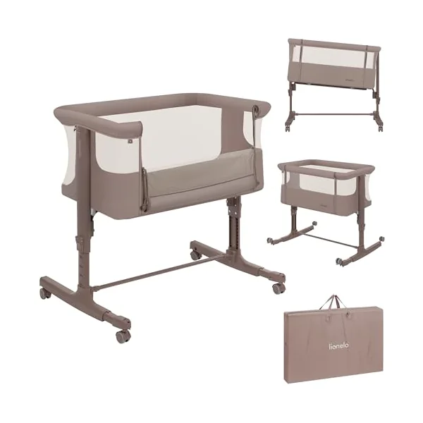LIONELO Aurora 3-in-1 Bedside Crib and Travel Cot from Birth | Up to 9 kg, Breathable Fabric, Carry Bag, Mattress Included, Lockable Wheels