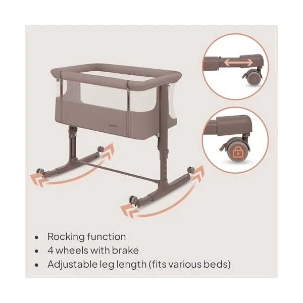 LIONELO Aurora 3-in-1 Bedside Crib and Travel Cot from Birth | Up to 9 kg, Breathable Fabric, Carry Bag, Mattress Included, Lockable Wheels