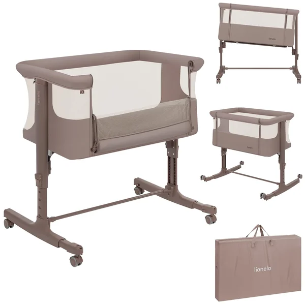 LIONELO Aurora 3-in-1 Bedside Crib and Travel Cot from Birth | Up to 9 kg, Breathable Fabric, Carry Bag, Mattress Included, Lockable Wheels