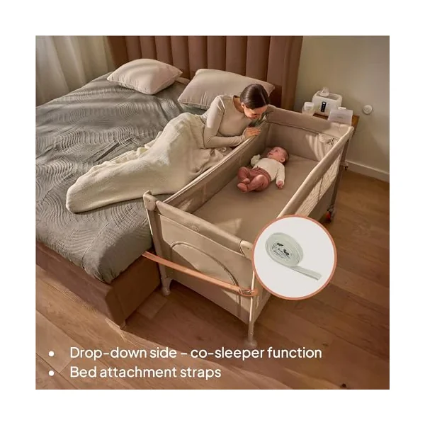 lionelo Ellen 3-in-1 Travel Cot, Co-Sleeper and Playpen from Birth | 2 Mattress Heights, Drop-Down Side, Zipped Entrance, Lockable Wheels, Mattress and Carry Bag