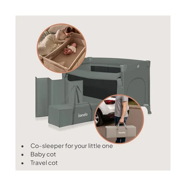 lionelo Ellen 3-in-1 Travel Cot, Co-Sleeper and Playpen from Birth | 2 Mattress Heights, Drop-Down Side, Zipped Entrance, Lockable Wheels, Mattress and Carry Bag