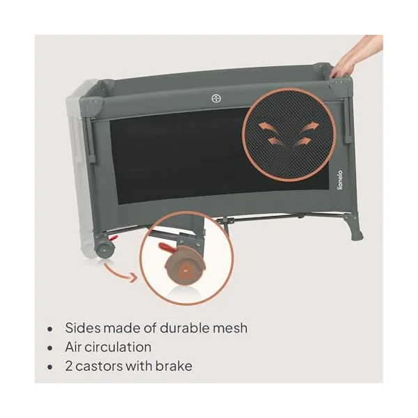 lionelo Ellen 3-in-1 Travel Cot, Co-Sleeper and Playpen from Birth | 2 Mattress Heights, Drop-Down Side, Zipped Entrance, Lockable Wheels, Mattress and Carry Bag