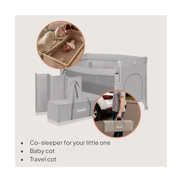 lionelo Ellen 3-in-1 Travel Cot, Co-Sleeper and Playpen from Birth | 2 Mattress Heights, Drop-Down Side, Zipped Entrance, Lockable Wheels, Mattress and Carry Bag