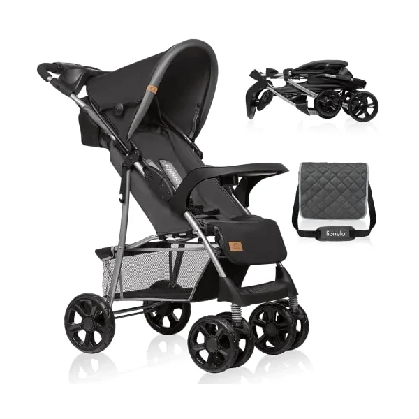 LIONELO Emma Lightweight Foldable Pushchair 6-36 Months | Lie-Flat Recline, 5-Point Harness, Compact Fold, Shock-Absorbing Wheels, XXL Canopy, Tray and Parent Bag