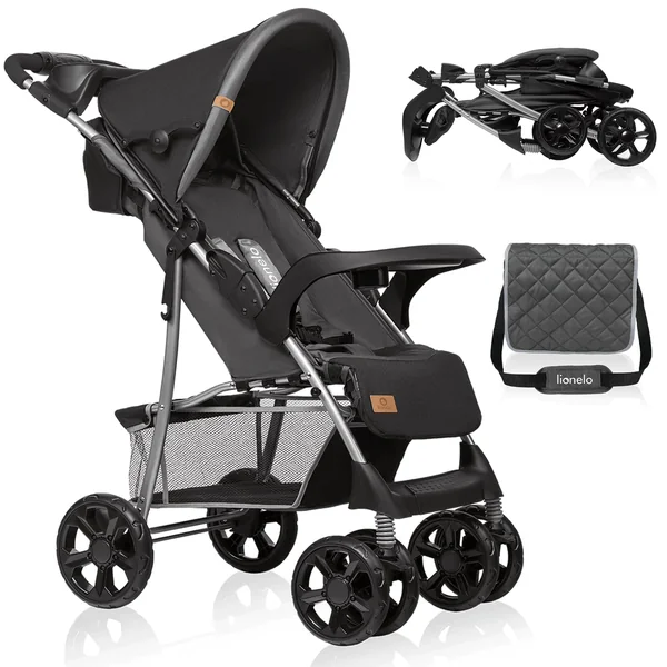 LIONELO Emma Lightweight Foldable Pushchair 6-36 Months | Lie-Flat Recline, 5-Point Harness, Compact Fold, Shock-Absorbing Wheels, XXL Canopy, Tray and Parent Bag
